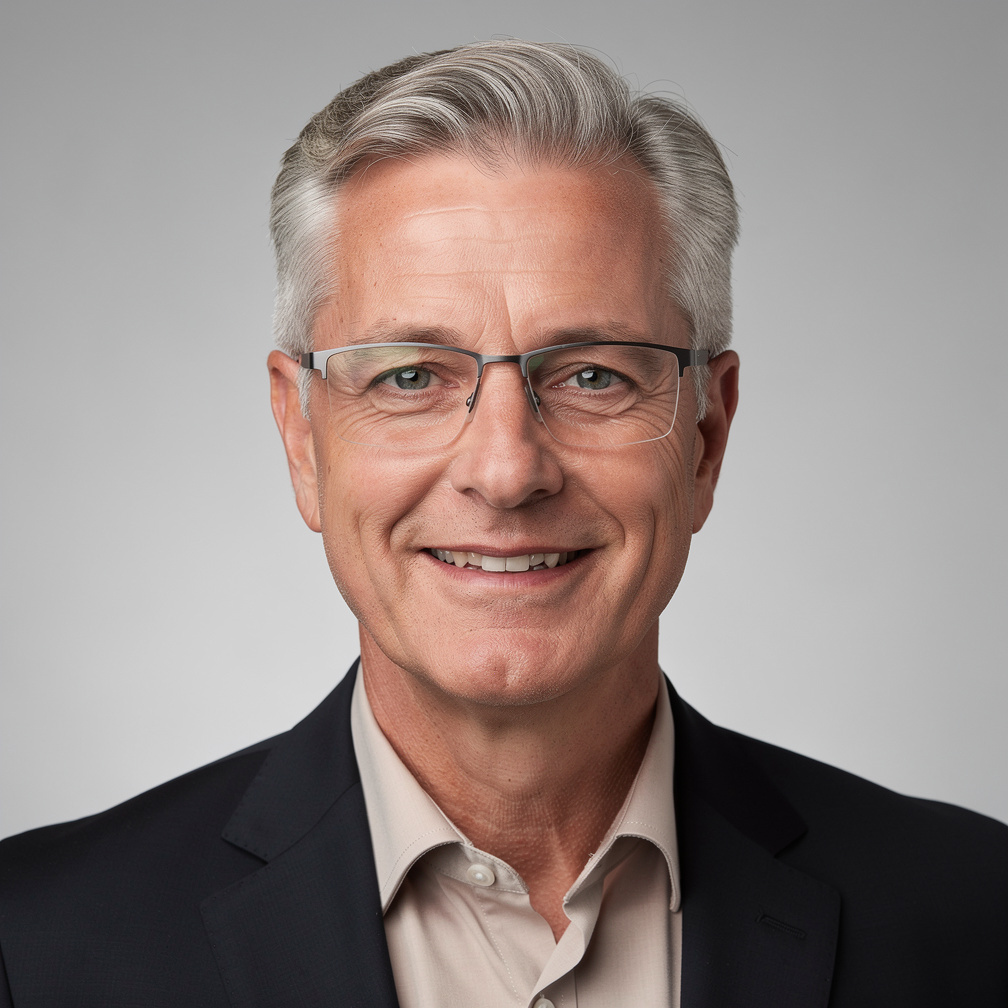 Studio portrait of an older man with glasses in a suit