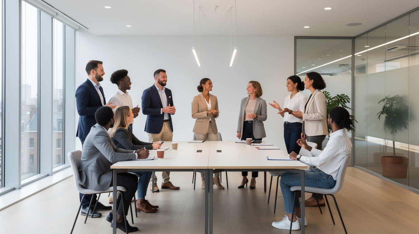 Business professionals networking in a modern conference room